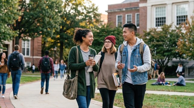 Diverse group of college students walking and talking on university campus, young adults discussing studies, academic lifestyle concept