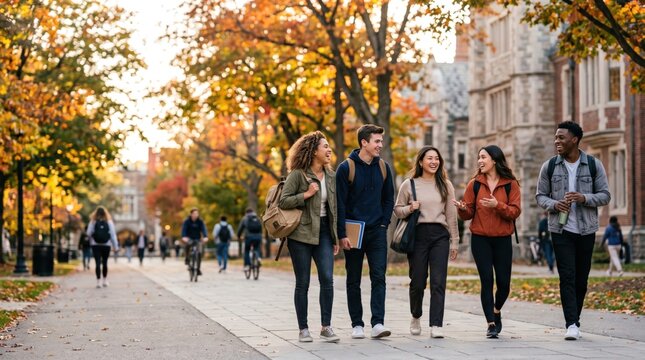 Diverse group of college students walking together on university campus path during autumn semester, happy young adults talking and laughing outdoors