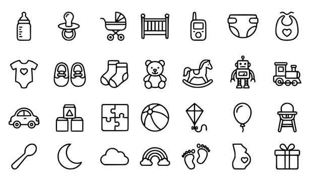Baby Care Toys and Newborn Thin Line Editable Stroke Icon Pack for Maternity and Childhood Themes
