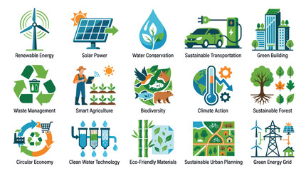 Fototapeta premium Sustainable Energy Eco-Friendly Living Icons: Flat Green Icons for Environment
