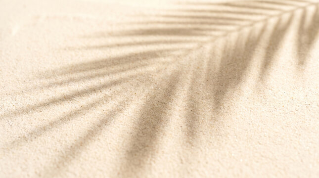 Soft palm leaf shadow cast on textured beige sand surface creating a peaceful summer atmosphere for minimalist design projects