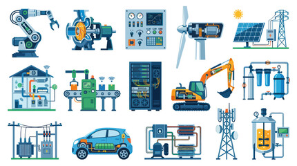 Fototapeta premium Industry 4.0 Industrial Automation and Engineering Flat Vector Icons Collection: Smart Technology, Energy Manufacturing