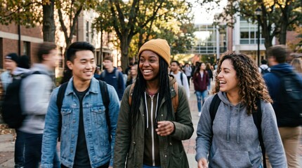 Obraz premium Diverse group of three college students walking on university campus path laughing and talking together during autumn semester