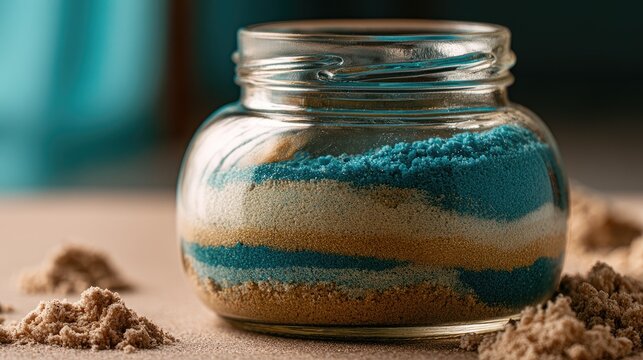 Layered blue and tan sand art in a clear glass jar
