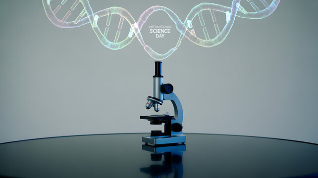 Microscope with glowing DNA double helix above it, symbolizing scientific research and discovery
