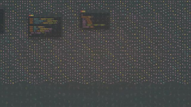 Abstract Digital Background with Floating Code Snippets and Glowing Particle Grid in Dark Space