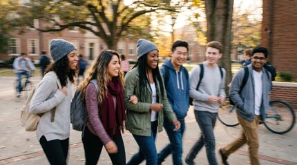 Fototapeta premium Diverse group of college students walking together on university campus, young adults talking and laughing during autumn semester break