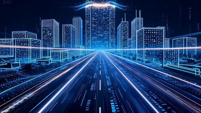 Futuristic cityscape with light trails