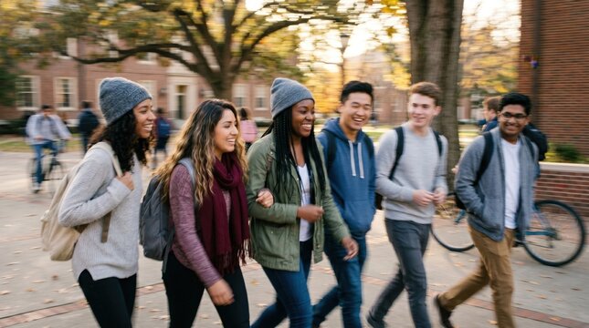 Diverse group of college students walking together on university campus, young adults talking and laughing during autumn semester break