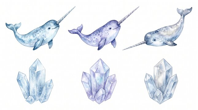 Watercolor Narwhal and Crystal Set, a charming collection of three blue and purple narwhals, three sparkling crystal clusters, perfect for children's designs, nursery decor