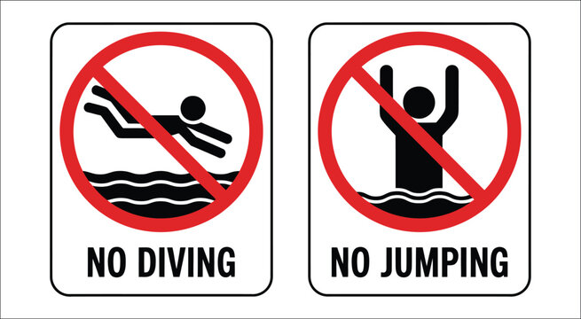 Pool safety prohibition icon set with no diving, no jumping, warning signs, hazard prevention symbols, swimming pool regulations, and safety graphics, vector, designs