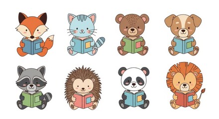 Fototapeta premium Set of Cute Cartoon Animals Reading Books - Fox, Cat, Bear, Dog, Raccoon, Hedgehog, Panda, and Lion Illustrations
