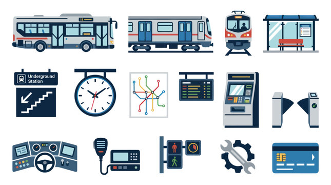 Public Transport Icons Set: Bus, Train, Station, Clock, Map, ATM, Turnstile, Credit Card