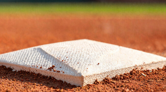 Macro close-up of baseball base with dirt on field