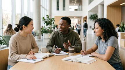 Fototapeta premium Diverse University Students Studying Together at Campus Library Table for Collaborative Academic Research and Group Project Success
