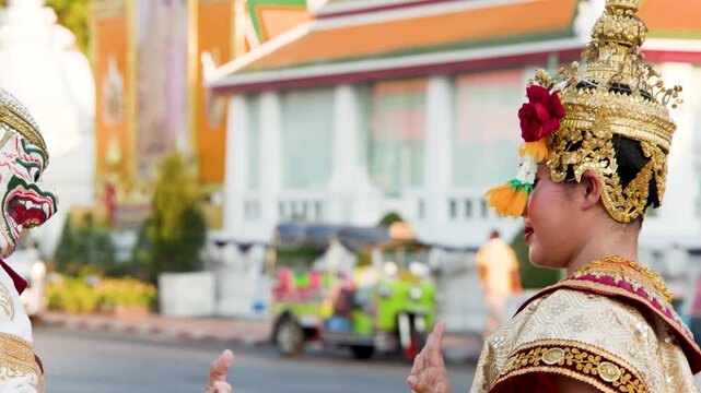 Traditional Thai Khon Dancers Perform Hanuman and Suphannamatcha Scene Outdoors