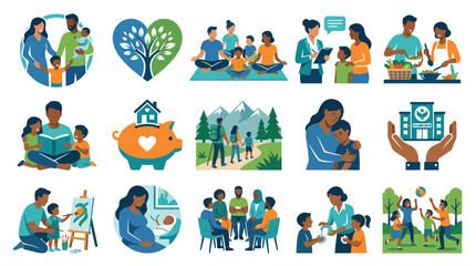 Fototapeta premium Family, Parenting Community Flat Vector Illustrations: Health, Education, Finance, and Lifestyle Concepts