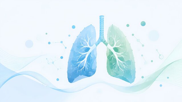 Modern minimal vector of a lung silhouette with digital dots and connection lines, representing lung cancer research, medical innovation, and healthcare technology.