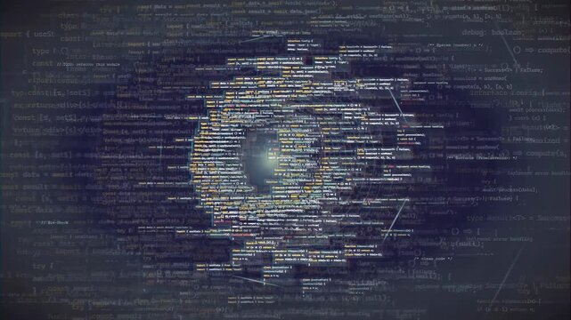 Abstract digital data stream with glowing center and flowing computer code on dark background