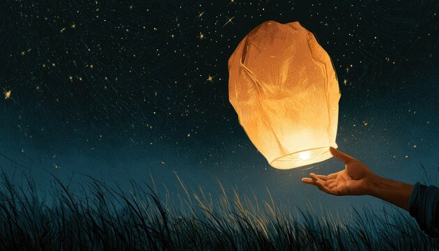A hand releases a glowing paper lantern into a starry night sky