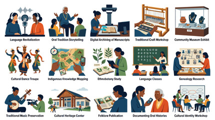 Fototapeta premium Cultural Heritage Preservation Indigenous Knowledge Flat Vector Illustration Set