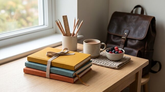 Cozy Academic Study Desk Setup with Stacked Notebooks and Fresh Berries for Productive Morning Routine and Student Lifestyle Concept