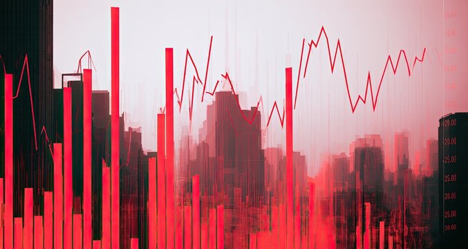 Abstract red financial graph overlaying a blurry cityscape, suggesting market volatility