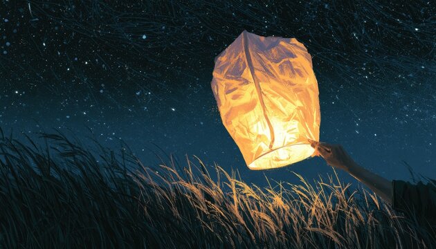 A hand releases a glowing lantern into a starry night sky over tall grass