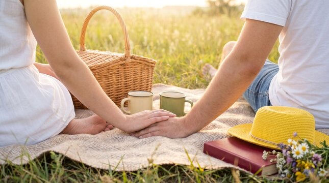 Young couple holding hands on a romantic picnic in a sunny meadow, intimate date concept with basket and flowers in nature