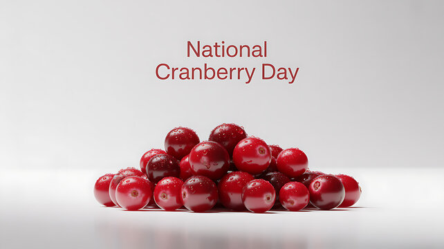 A pile of fresh red cranberries on a white surface with text reading 'National Cranberry Day'