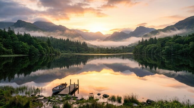 Wooden dock and rowboat on misty mountain lake