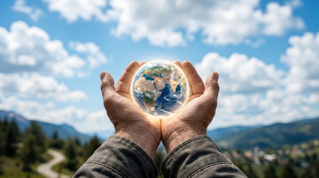 Hands protecting glowing planet Earth in mountain valley