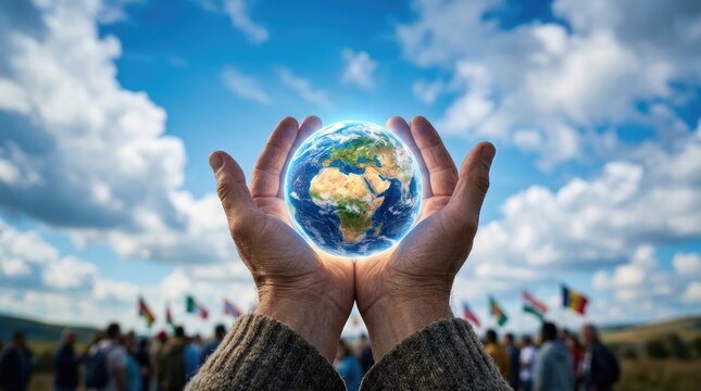 Hands cradling glowing planet Earth with global flags