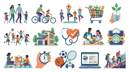 Fototapeta premium Flat Design Vector Illustrations: Health, Wellness, Family Lifestyle, Fitness, Nutrition Technology Icon Set