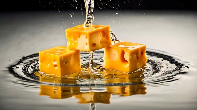 Creative dairy concept featuring cheddar cheese pieces in refreshing water explosion scene

