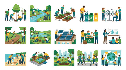 Naklejka premium Flat Vector Illustrations of Eco-Friendly Sustainable Living and Community Environmental Protection Activities