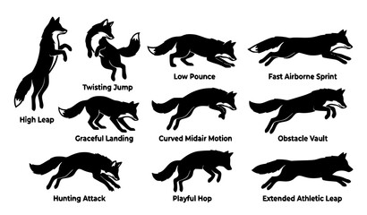 Obraz premium Running and Jumping Fox Silhouette Vector Set with Various Dynamic Action Poses