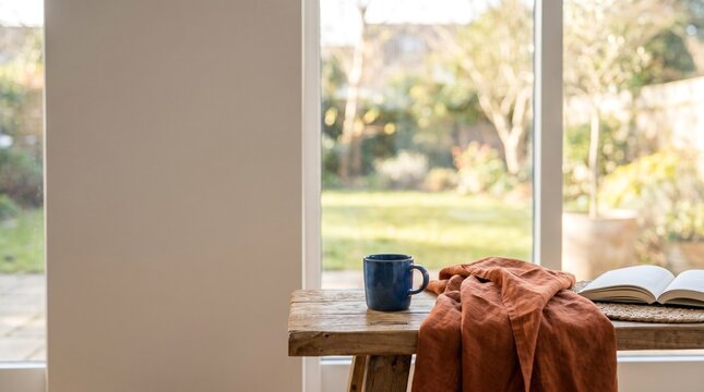Cozy morning scene with a blue ceramic mug and open book on a rustic wooden bench by a bright window overlooking a peaceful garden