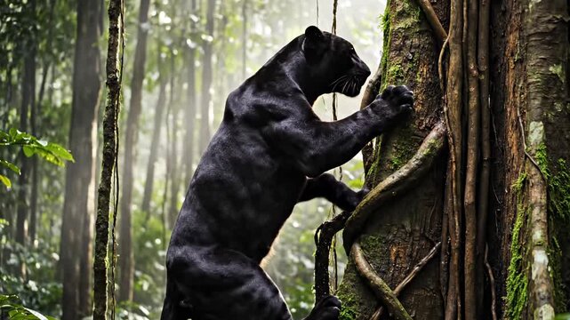 A majestic black panther climbs an ancient tree trunk within the depths of a misty tropical rainforest as the elusive predator prowls through his dense jungle habitat in search of hidden prey