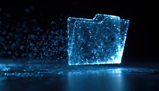 Glowing digital folder icon disintegrates into data particles on black background
