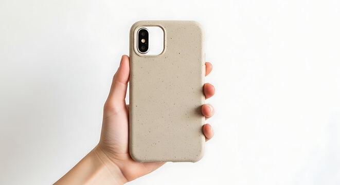 Hand holding beige textured phone case - A close-up of a hand securely gripping a beige, speckled phone case designed for an iPhone X model.