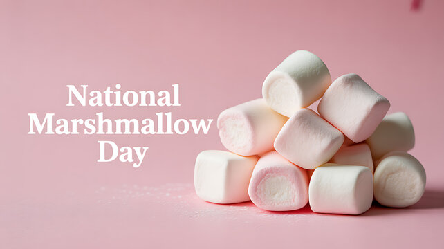 National Marshmallow Day celebration with a pile of white marshmallows on a pink background