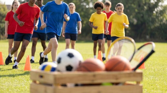 Diverse Group of School Children Running During Outdoor Physical Education Class on Sports Field with Equipment Crate in Foreground