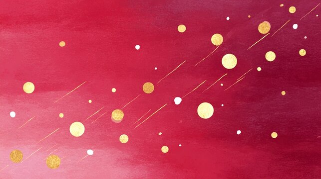 Golden polka dots dancing on red watercolor gradient background