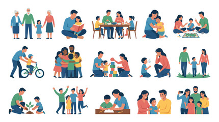 Fototapeta premium Flat Illustration Set of Family Life and Parenting Activities, Diverse Childhood Development Moments