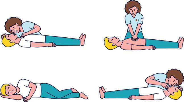 First aid CPR and recovery position instructions set featuring resuscitation and emergency rescue procedures
