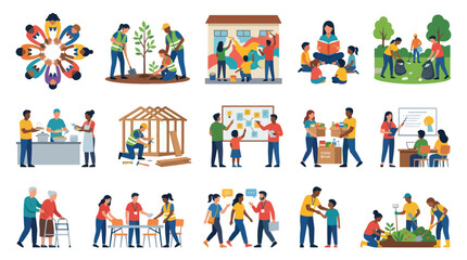 Fototapeta premium Flat Illustration of People Doing Charity and Volunteering Work, Community Service and Social Good Activities