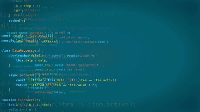 Digital screen displaying scrolling lines of complex computer programming code in a dark blue environment