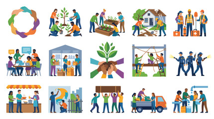 Fototapeta premium Diverse Community Volunteers Helping with Projects and Charity Work Flat Style