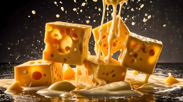 High speed food photograph of Swiss cheese cubes and dramatic liquid cheddar splash effect
